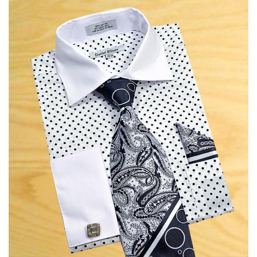 Daniel Ellissa  White / Black Polka Dots With White Spread Collar / Tie / Hanky Set With Free Cufflinks Dress Shirt DS3758P2